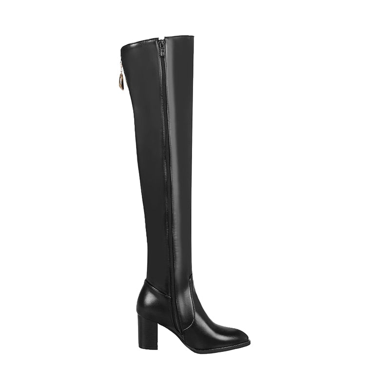 Over-the-Knee Leather Rivet Thick Heel Thigh High Boots