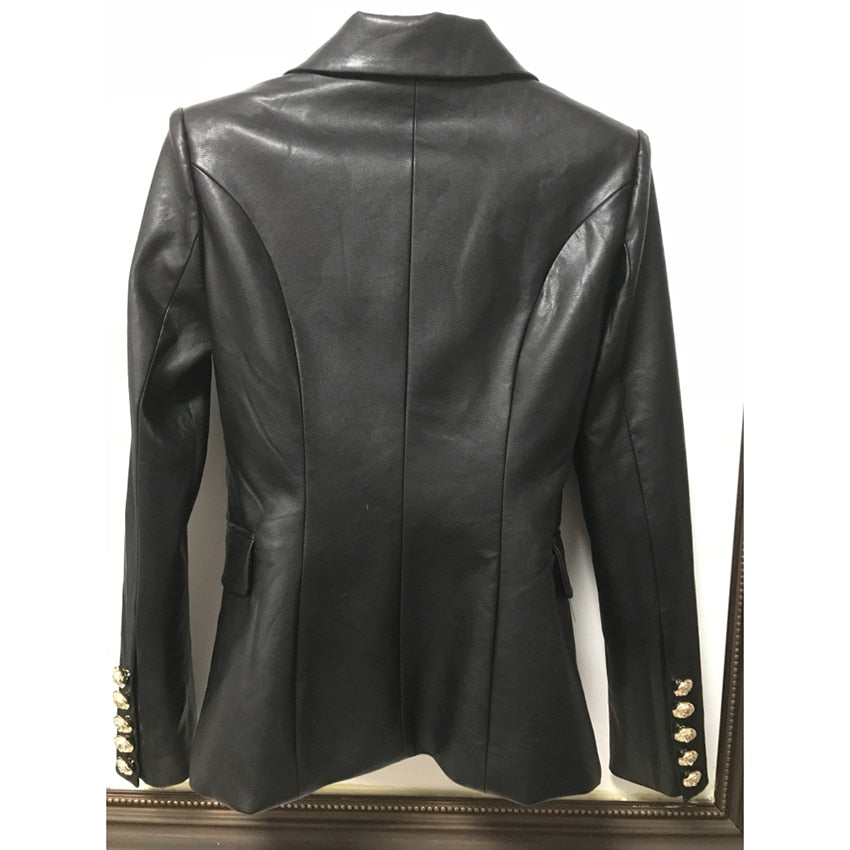 Black Ladies Plus Sized Leather Lion Button Blazer S-3XL