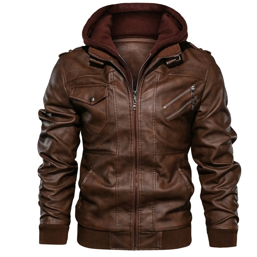 Detachable Hood Men's Leather Motorcycle PU Biker Jacket