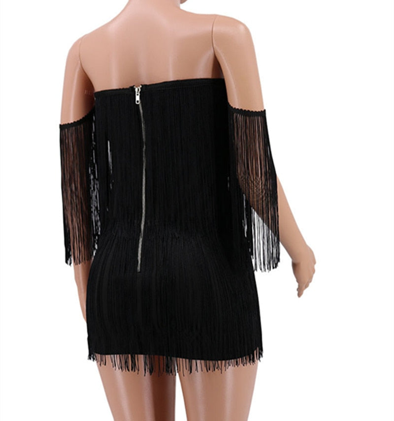 Tassels Bandage V-Neck Off-the-Shoulder Fringe Mini Dress