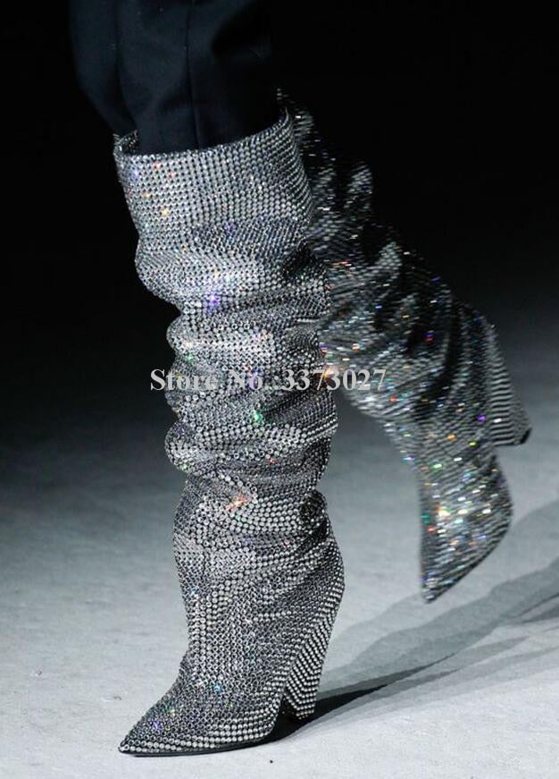 Bling Glitter Rhinestone Spike Heel Crystal Knee High Boots