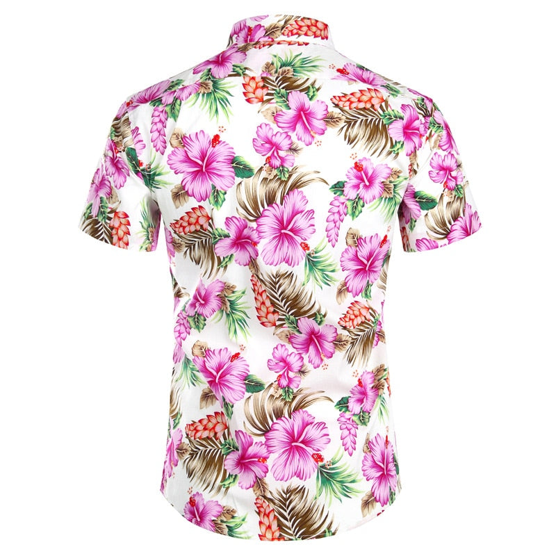 Men's Hawaiian Tropical Pink Floral Beach Short Sleeve Shirt