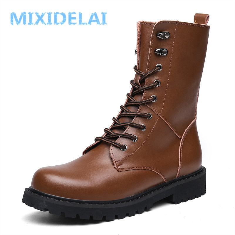 Men's Motorcycle Waterproof Leather Lace-Up Boots