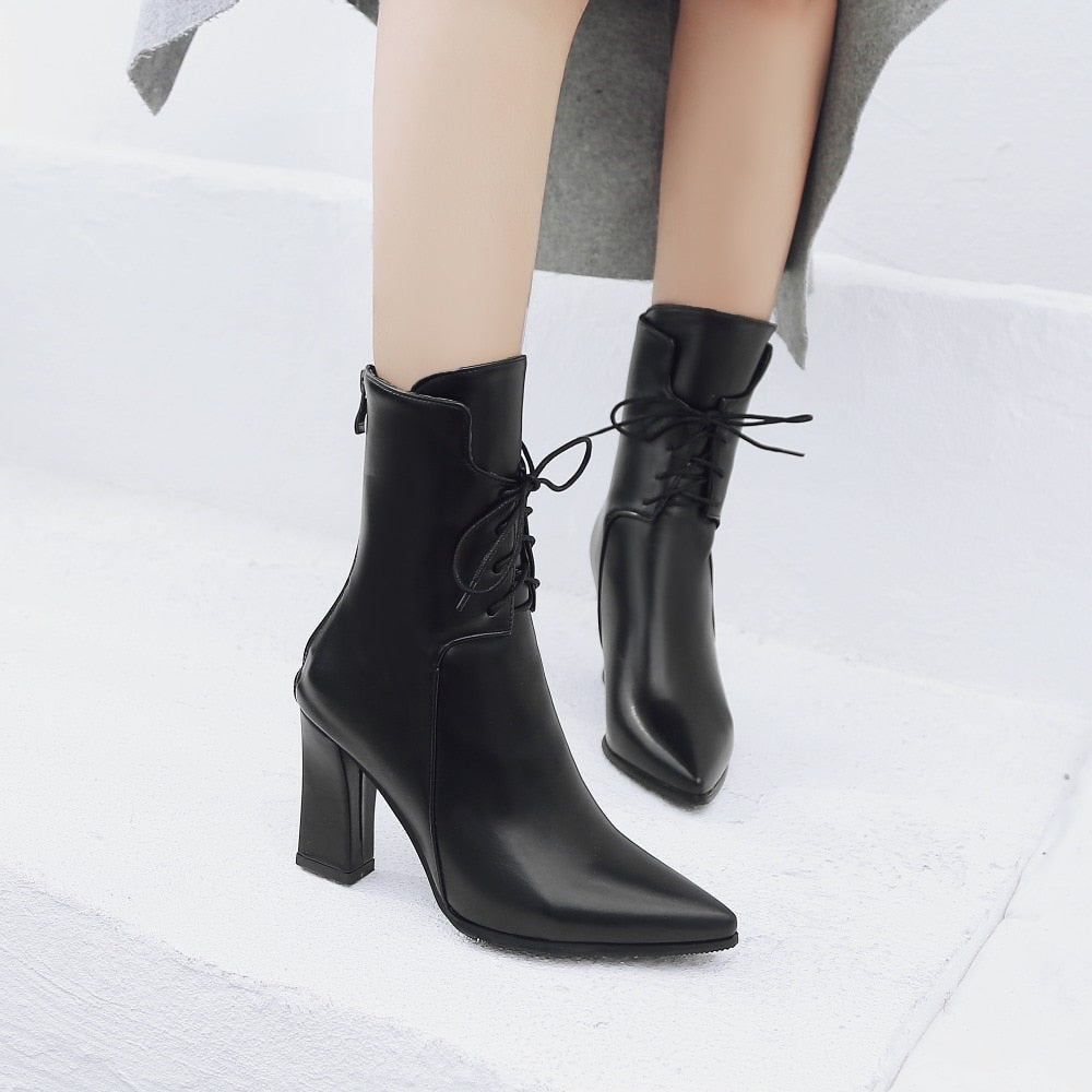 Patent Leather Lace Up Square Platform Heel Ankle Boots