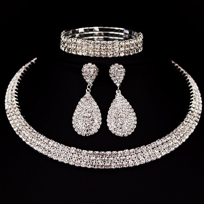 Bride/Formal Rhinestone Crystal Choker Necklace Earrings & Bracelet Wedding Jewelry Sets