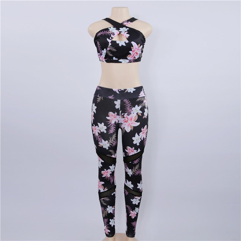 Criss Cross Floral Print Backless Strapless Crop Top + High Waist Mesh Patchwork Spandex Leggings Women's 2-Piece Fitness Set