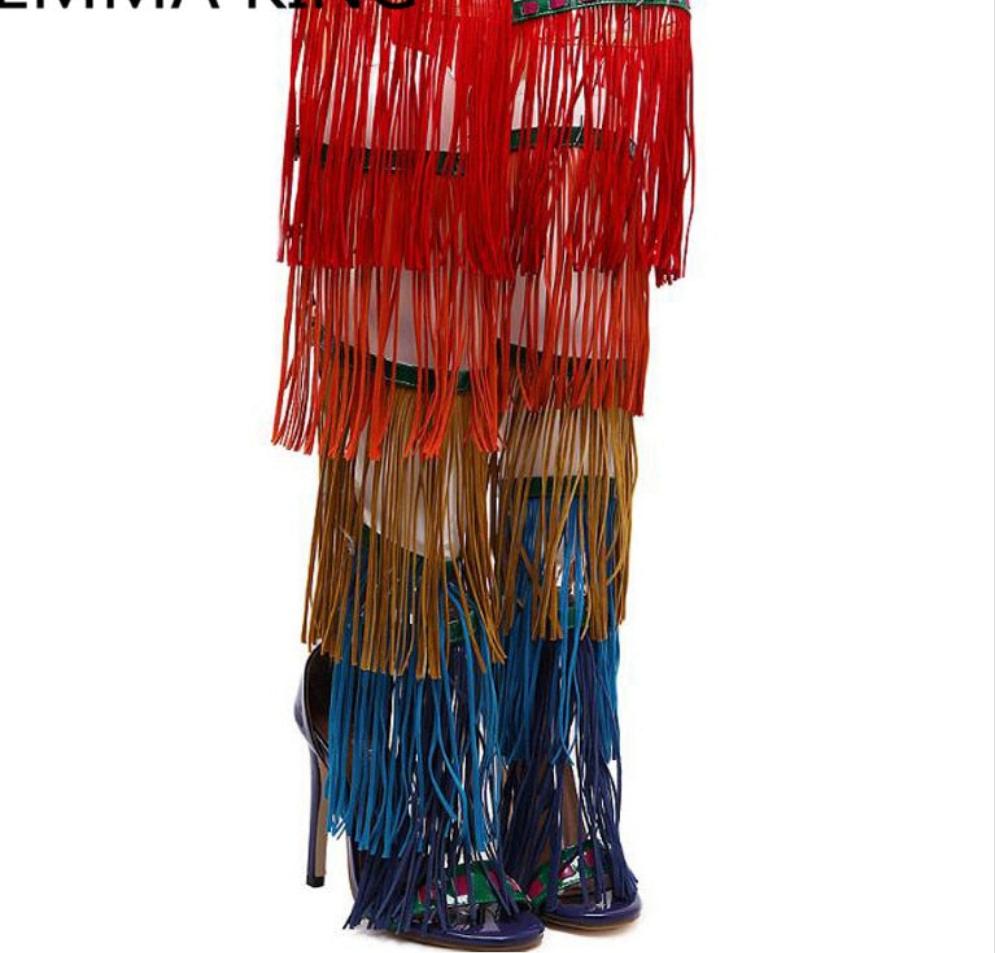 Rainbow Tassel Fringe Over-The-Knee Gladiator Open Toe Platform Sandal Boots