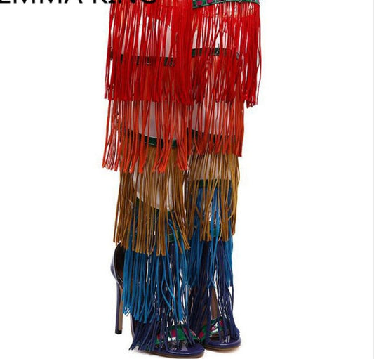 Rainbow Tassel Fringe Over-The-Knee Gladiator Open Toe Platform Sandal Boots