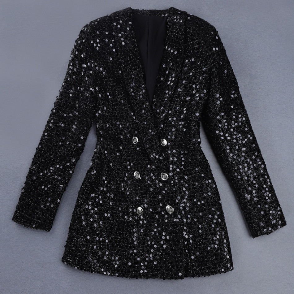 Double Lion Button Shawl Collar Glitter Sequined Long Runway Black Blazer