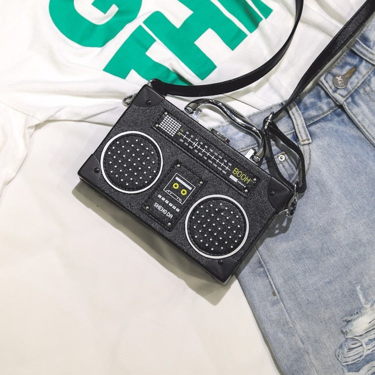 Radio Boombox PU Leather Clutch Crossbody Purse