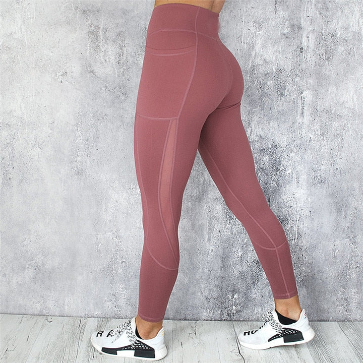 Pocket Leggings Women Mesh Splicing Quick Dry Pants Gym Breathable High Waist Push Up Fitness Casual Leggings