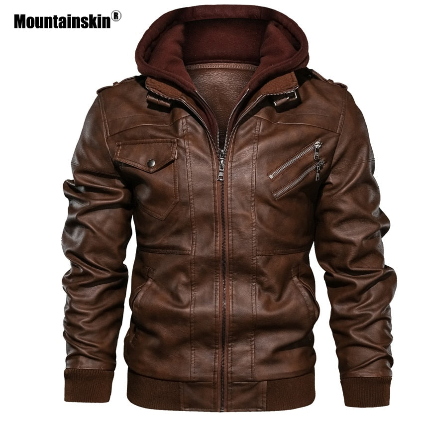 Detachable Hood Men's Leather Motorcycle PU Biker Jacket