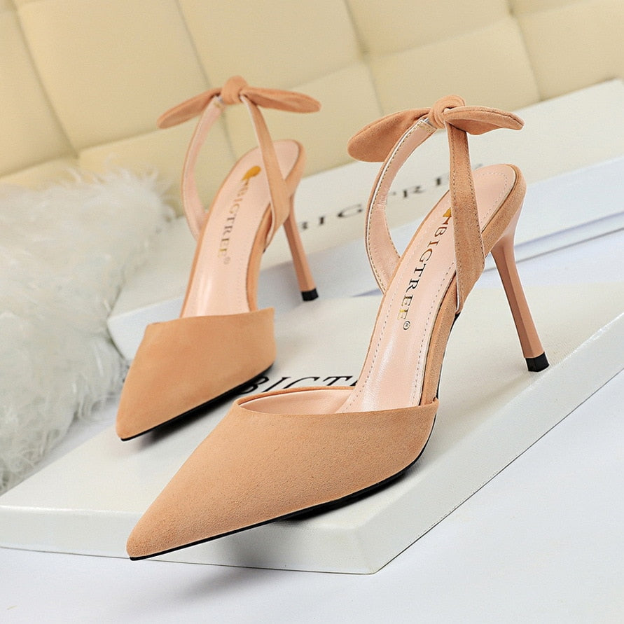 Bowtie Back Strap Shallow Suede Pointed Toe High Heel Pumps