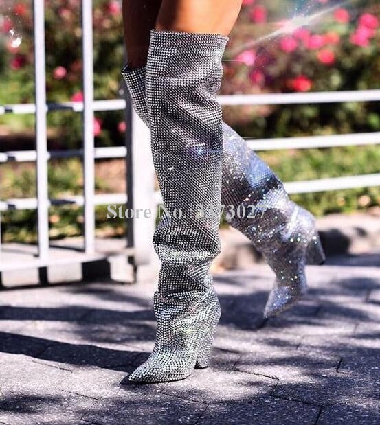 Bling Glitter Rhinestone Spike Heel Crystal Knee High Boots