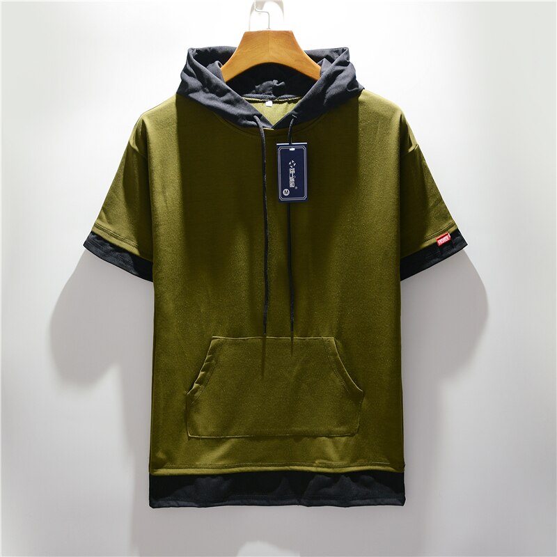 Men's Colorblock Drawstring Short Sleeve Hoodie Streetwear Shirt to 5X