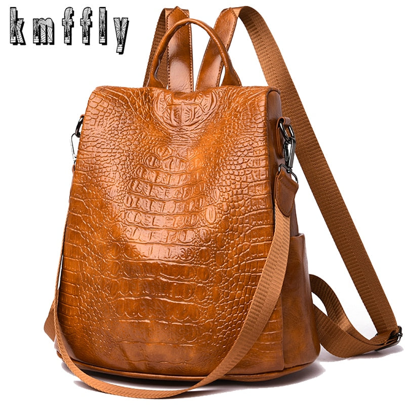 Alligator PU Leather Women Backpack Anti-Theft Large Multifunction Backpack