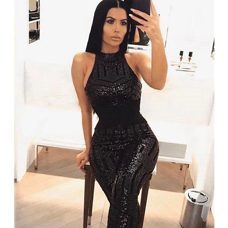 Metallic Glitter Sequin Mesh Halter Open Back Bodycon Jumpsuit