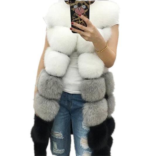 Women's Colorblock Long Faux Fur Vest Coat