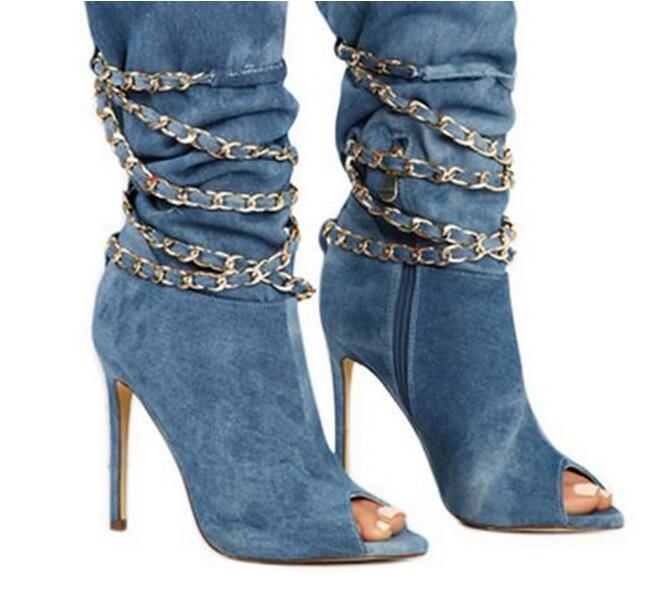 Draped Cross Strap Chain Peep Toe Ladies Zipper Ankle Boots