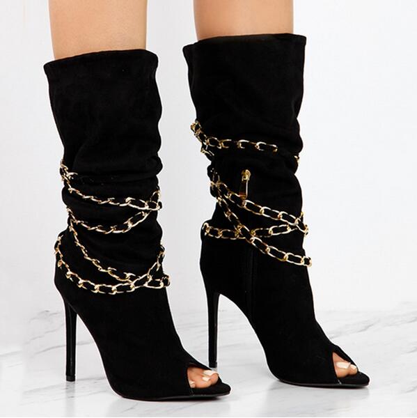 Draped Cross Strap Chain Peep Toe Ladies Zipper Ankle Boots