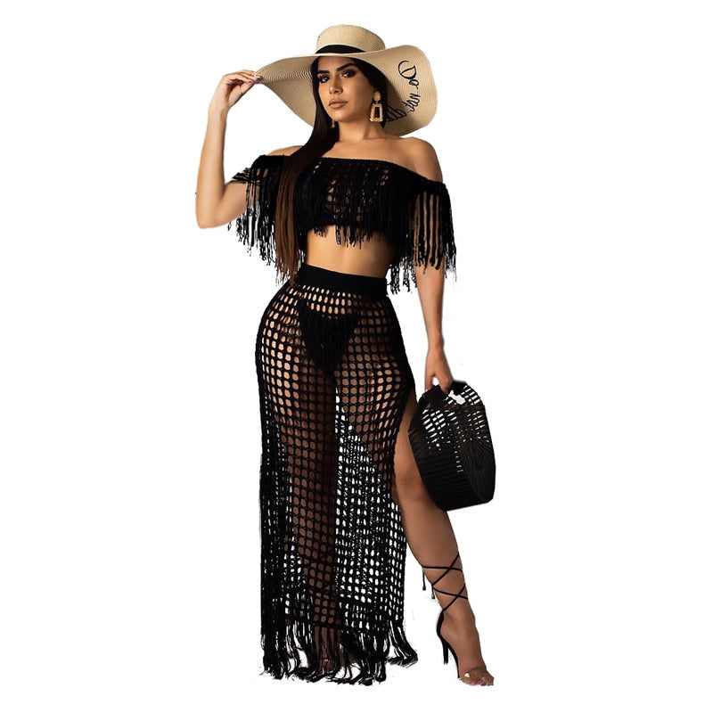 Crocheted Tassel Design Hollow-Out Solid 2-Piece Cover Up Swimwear Set