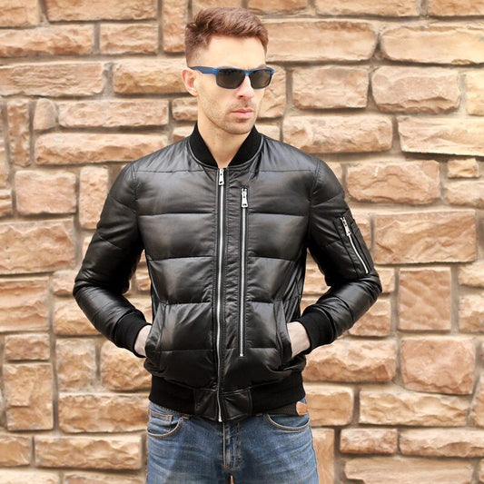 Men's Genuine Leather White Duck Down Leather Sheepskin Bomber Jacket