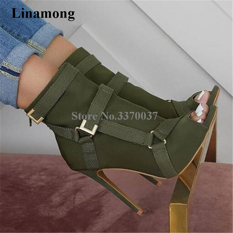 Peep Toe Suede Leather Stiletto Heel Buckle Strap Ankle Boots