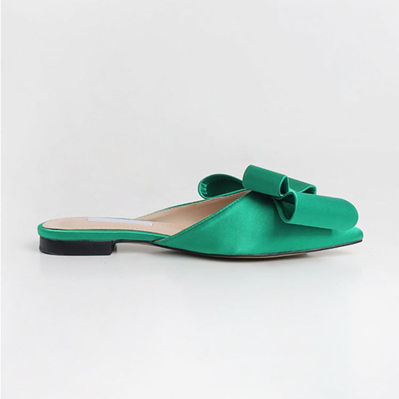 Satin Silk Bowknot Design Pointed Slip-On Flats