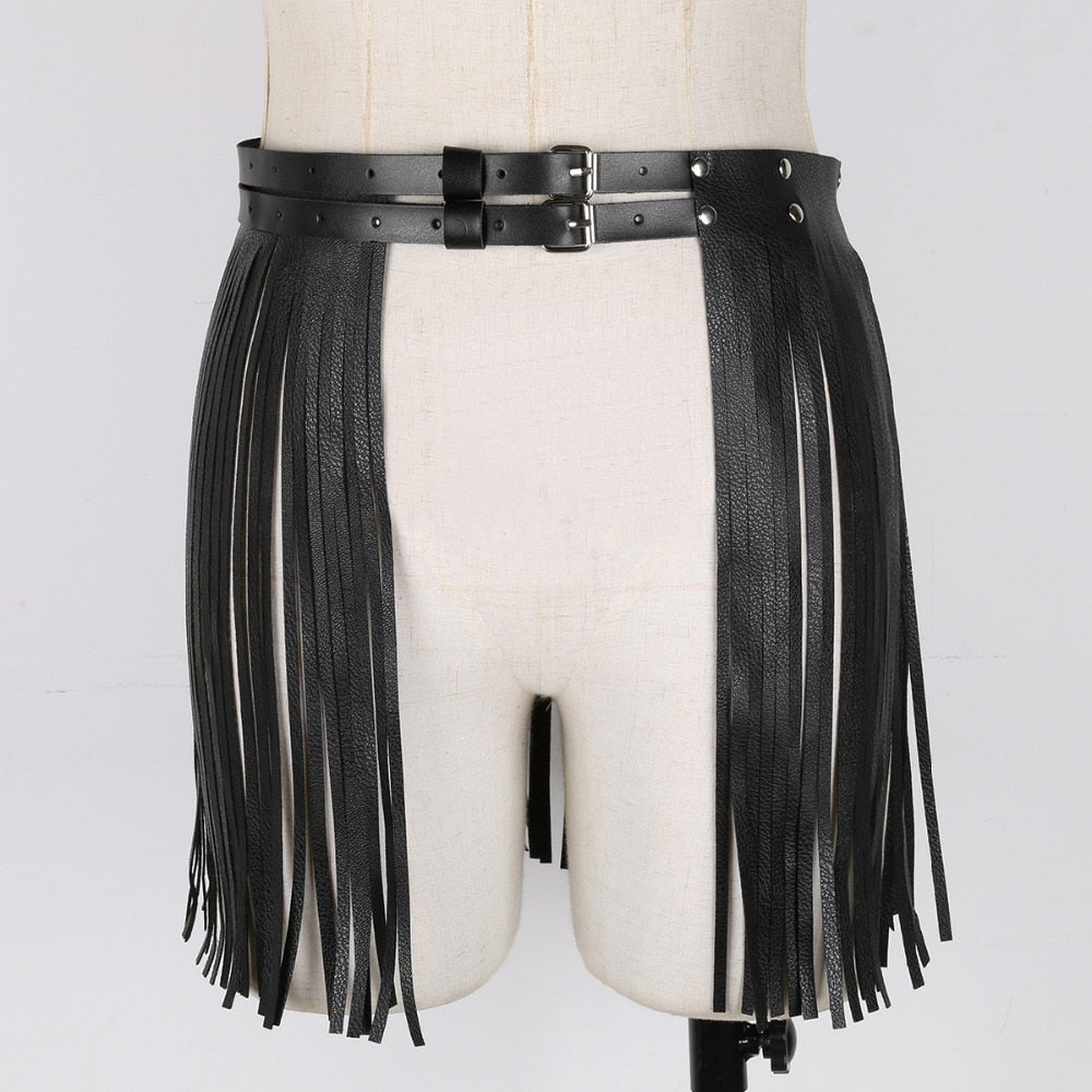 Women's Adjustable Faux Leather Waistband Fringe Tassel Belt Skirts