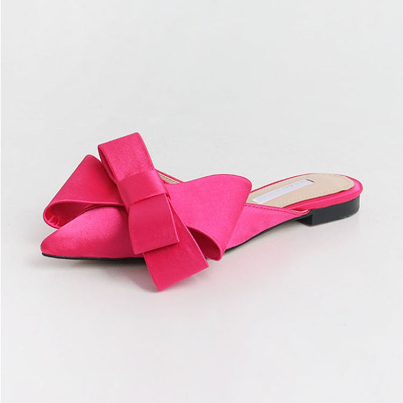 Satin Silk Bowknot Design Pointed Slip-On Flats