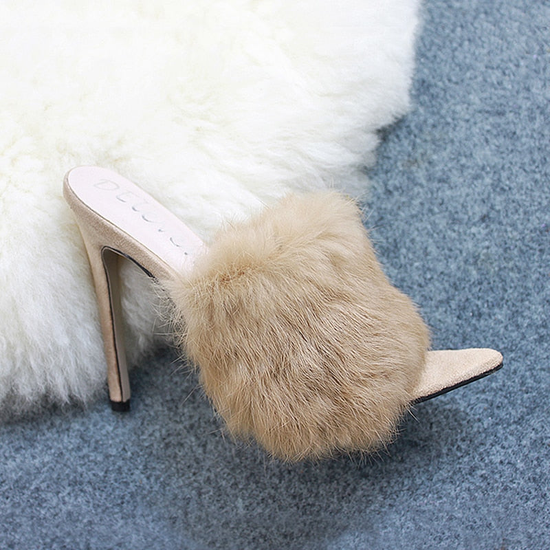 Solid Faux Fur High Stiletto Heel Mule Sandal Pumps