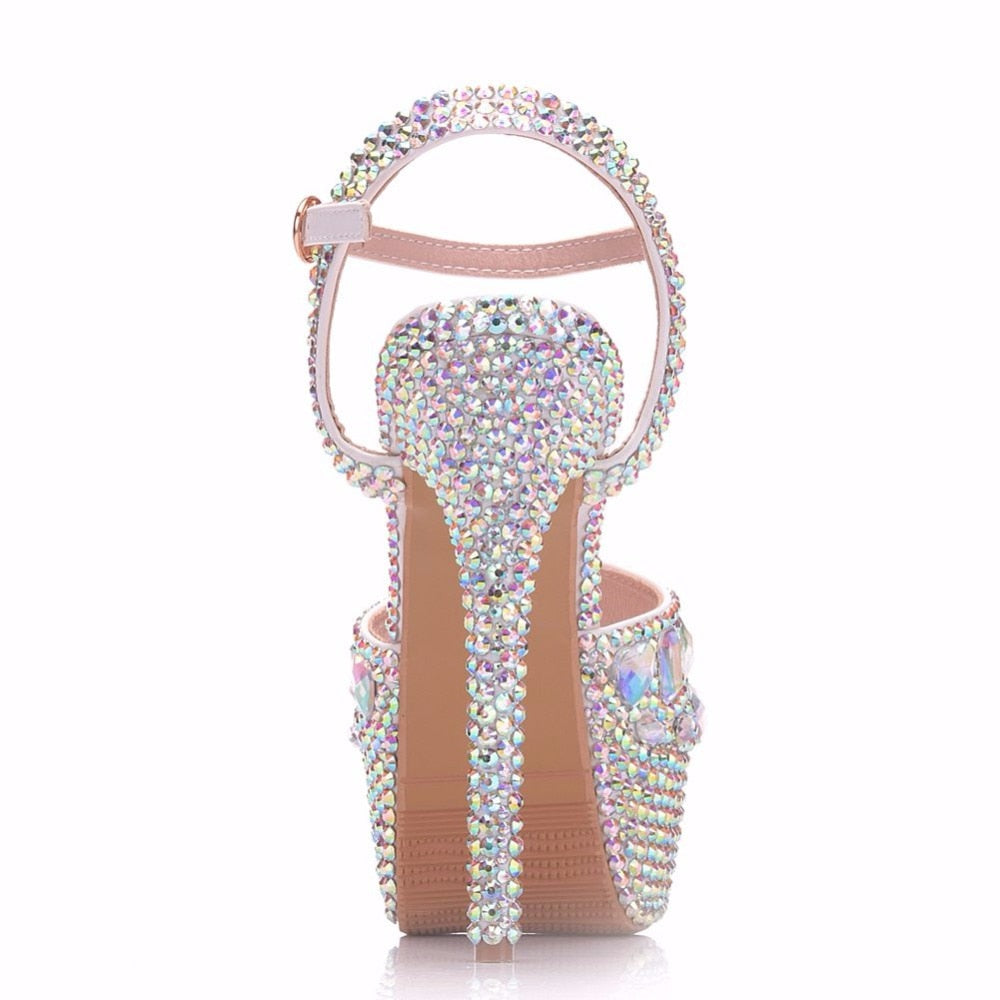 Rhinestone Crystal Peep Toe High Platform Ankle Strap Stiletto Stripper Pumps