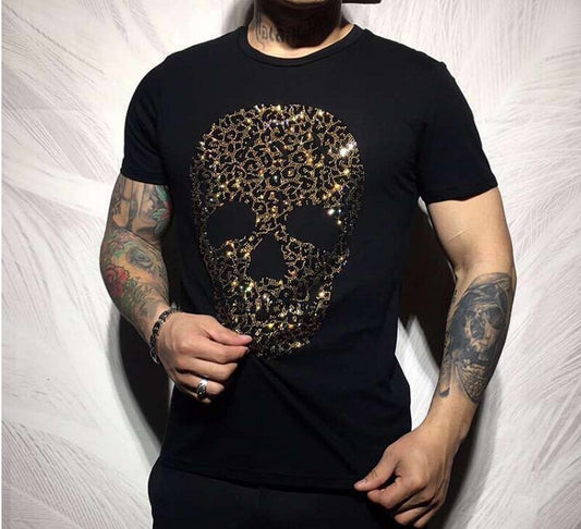 Men's Diamond Rhinestone Skull Head O-Neck Short Sleeve T-Shirt