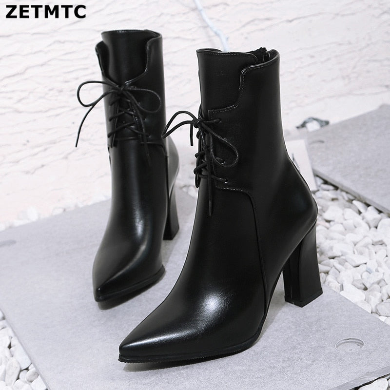 Patent Leather Lace Up Square Platform Heel Ankle Boots