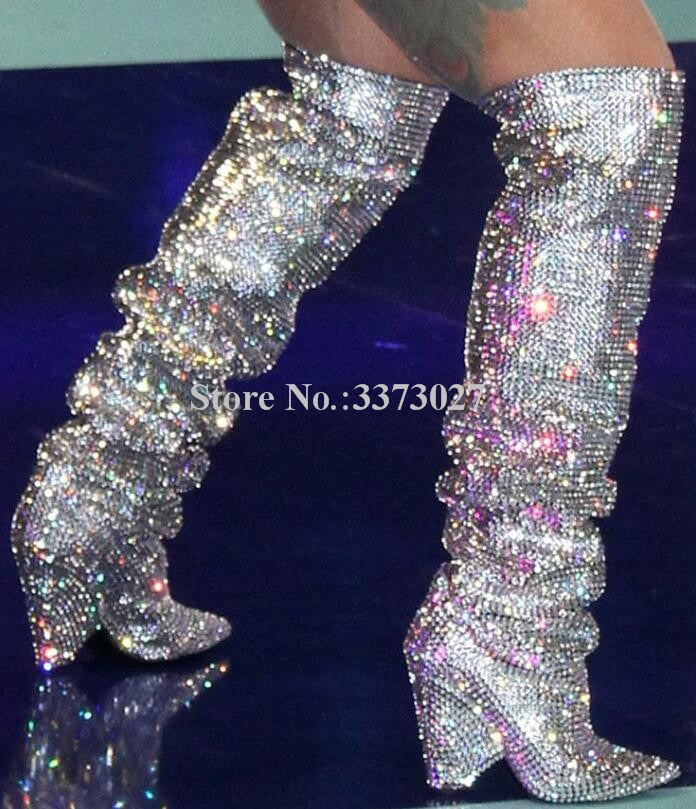 Bling Glitter Rhinestone Spike Heel Crystal Knee High Boots