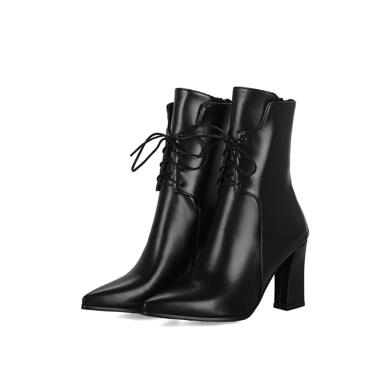 Patent Leather Lace Up Square Platform Heel Ankle Boots