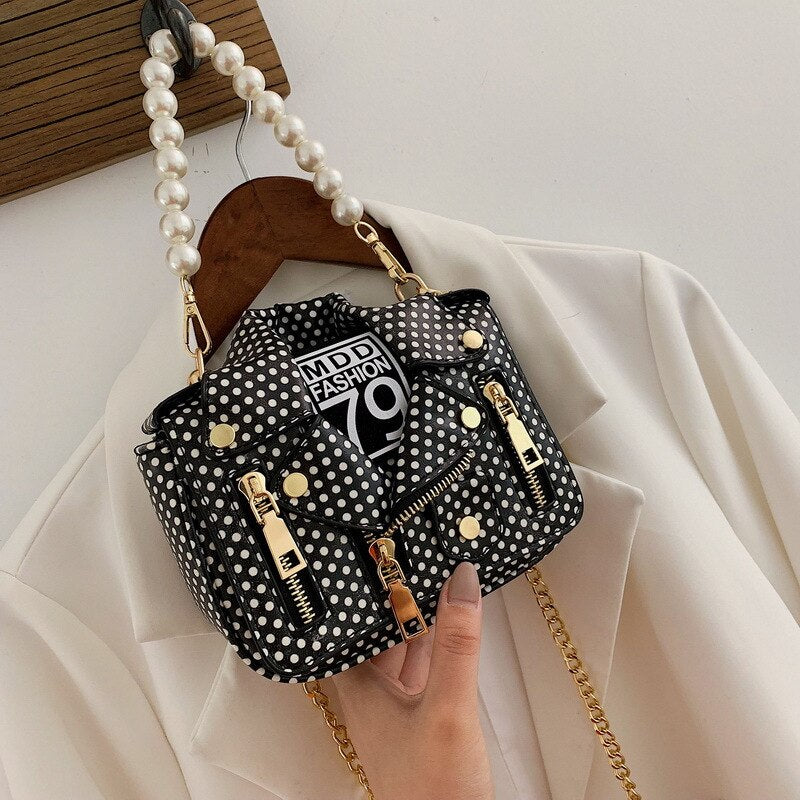 Polka Dot Mini Jacket Pearl Handle Chain Crossbody Purse