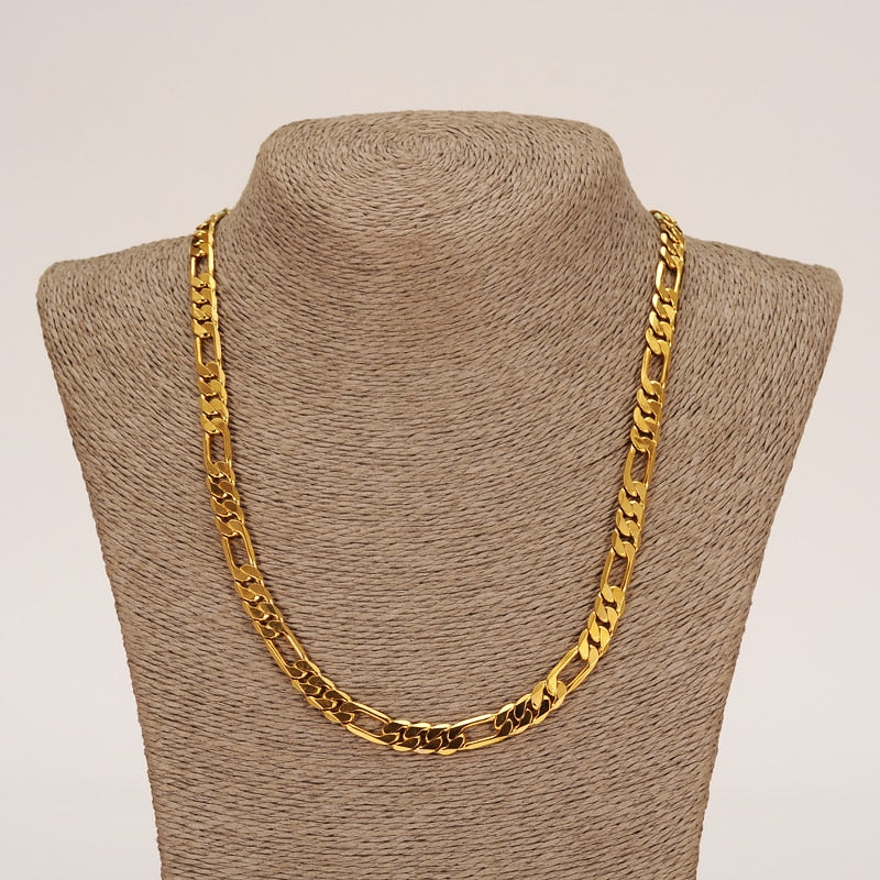 24K Yellow Solid Gold Finish Figaro Link Chain & Bracelet Jewelry Set