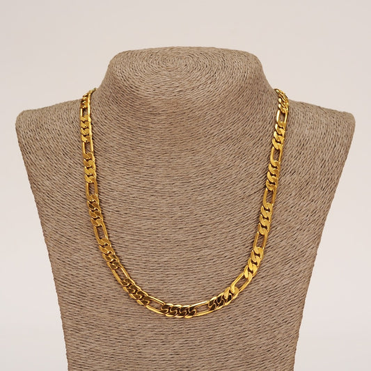 24K Yellow Solid Gold Finish Figaro Link Chain & Bracelet Jewelry Set