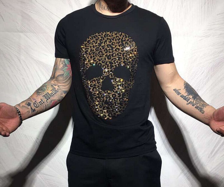 Men's Diamond Rhinestone Skull Head O-Neck Short Sleeve T-Shirt