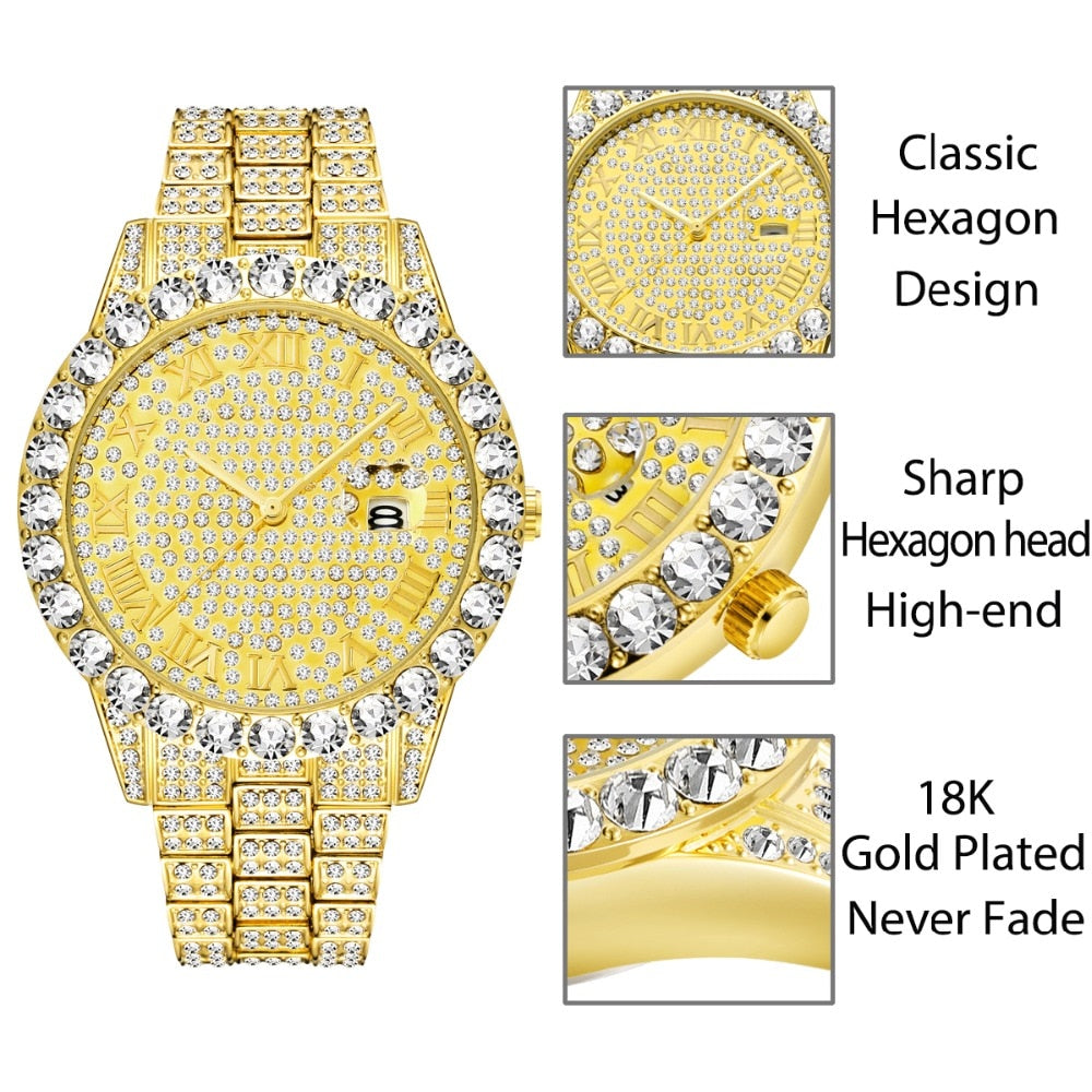 Sparkling Men's 18k Gold Plated Classic Hexagon Big Diamond Watch