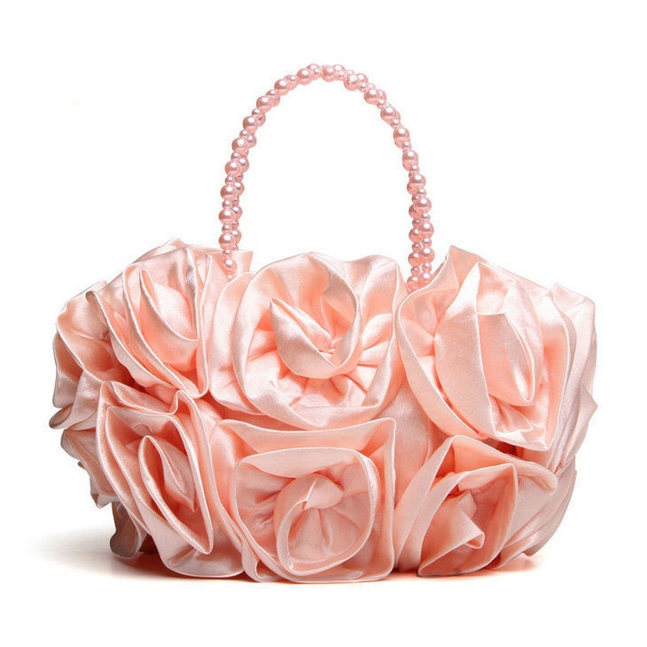 Flower Rose Satin Beaded Handle Purse