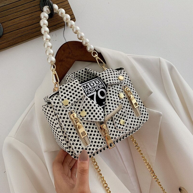 Polka Dot Mini Jacket Pearl Handle Chain Crossbody Purse