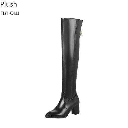 Over-the-Knee Leather Rivet Thick Heel Thigh High Boots