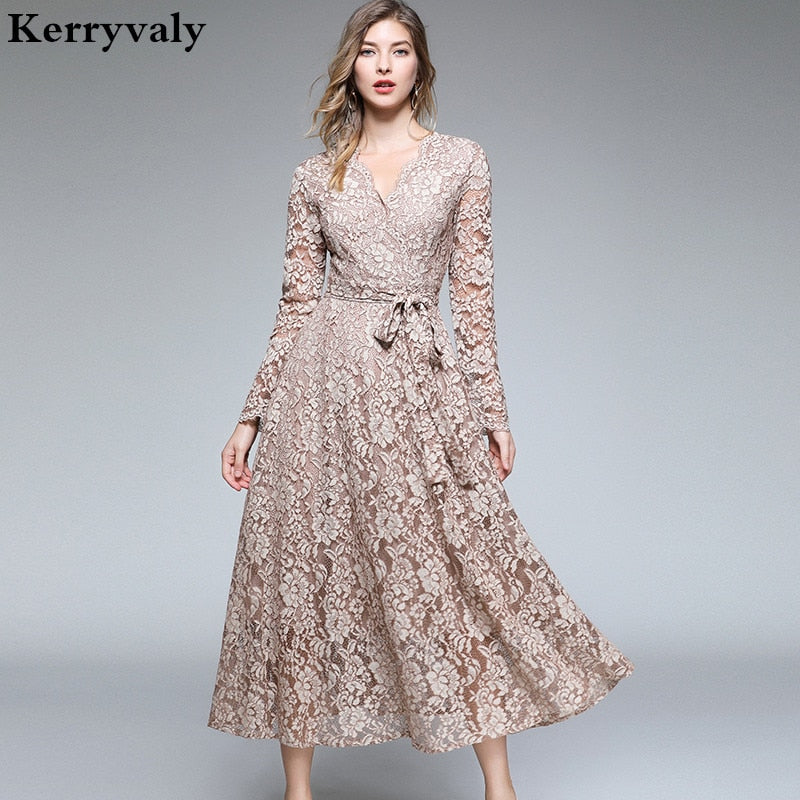 Women's Long Sleeve Maxi Vetement V-Neck Long Lace Party Dress