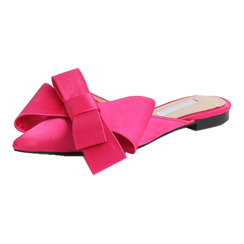 Satin Silk Bowknot Design Pointed Slip-On Flats