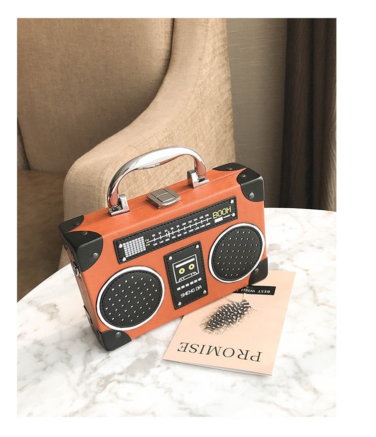 Radio Boombox PU Leather Clutch Crossbody Purse