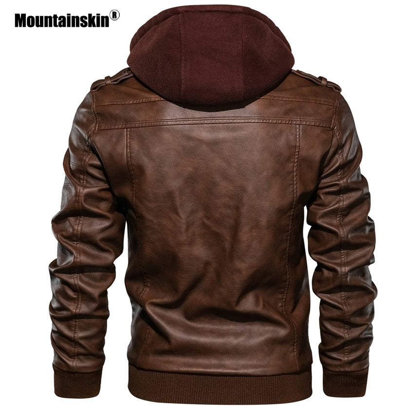 Detachable Hood Men's Leather Motorcycle PU Biker Jacket