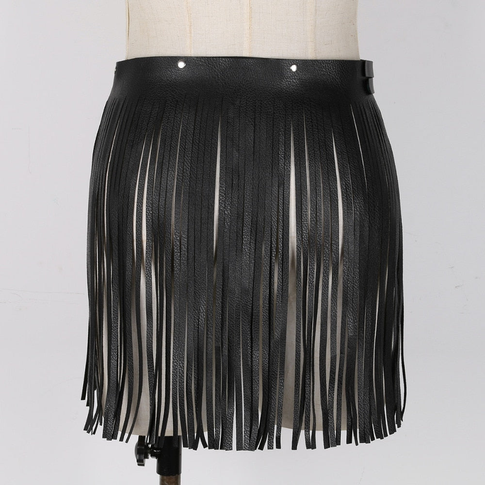 Women's Adjustable Faux Leather Waistband Fringe Tassel Belt Skirts