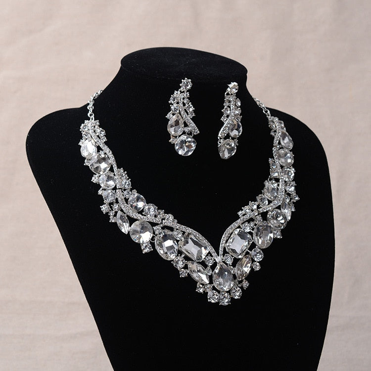 Rhinestone Wedding Jewelry Set: Earrings & Geometric Crystal Statement Necklace Set